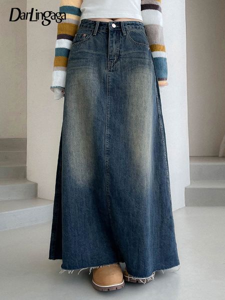 

skirts darlingaga vintage harajuku burr distressed low waist denim skirt women loose korean washed casual long skirts outfits aesthetic 2303, Black