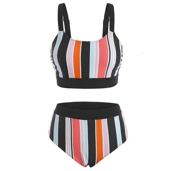 

2023 new women's split bikini swimsuit stripe high waist, White;black