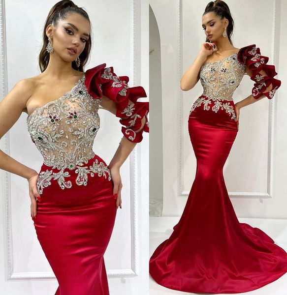 

2023 arabic aso ebi mermaid red prom dresses beaded crystals lace evening formal party second reception birthday engagement gowns dress zj11, Black