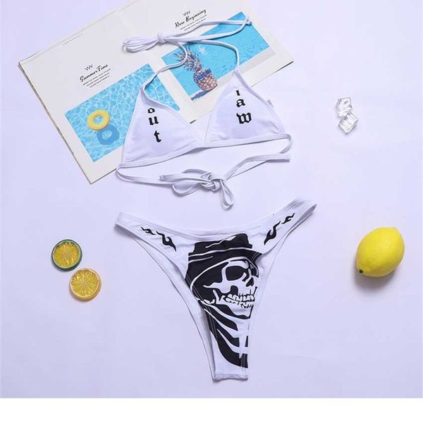 

22 new funny bikini offset print dark punk style swimsuit female curve, White;black