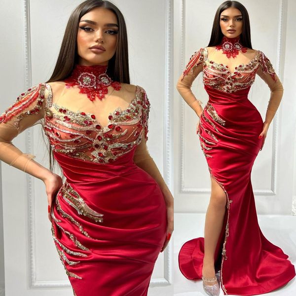 

2023 arabic aso ebi mermaid red prom dresses lace beaded crystals evening formal party second reception birthday engagement gowns dress zj34, Black