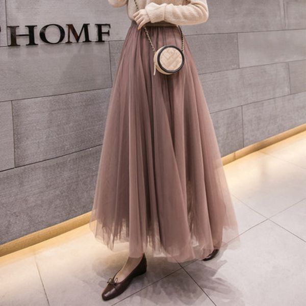 

skirts sweet a-line solid mesh skirt elegant three-layer medium length white skirt casual elastic high waist fairy spring clothes 24788 2303, Black