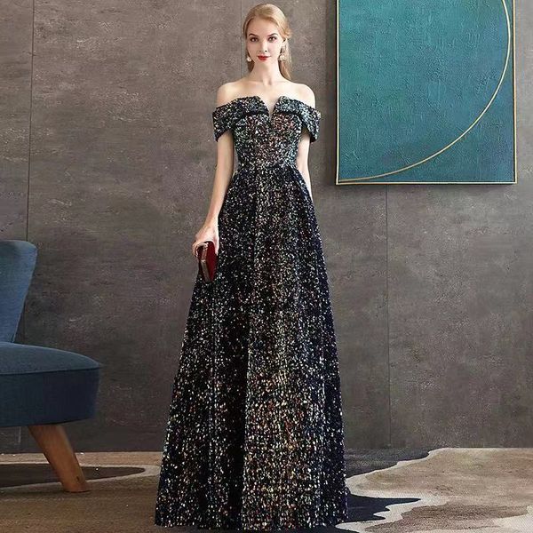 

sequined evening dresses off the shoulder boat neck a-line long saudi arabic shiny formal party celebrity prom gowns new 2023, Black;red
