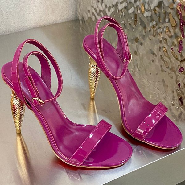 

womens summer metal high heel sandal ladies fashion shoes round open toe 2023 designer genuine leather ankle strap, Black
