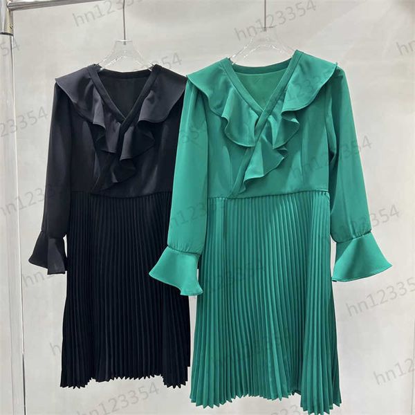 

designer summer dresses womens summer early spring fashion casual v-neck flare middle sleeve pleated dress custom imported woven fabric dich, Black;gray