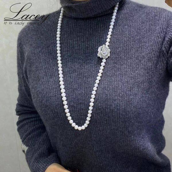 

pendant necklaces long freshwater pearl for women white real wedding trendy sweater gift 230307, Silver