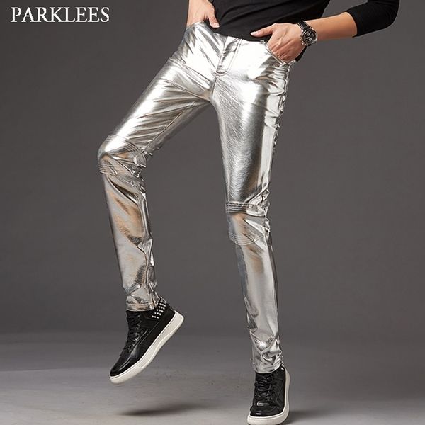 

men s pants silver shiny motorcycle pu leather mens brand skinny halloween trousers men stage prom singer costume 230307, Black