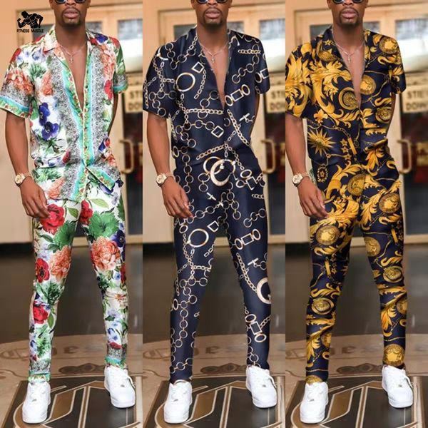 

men s polos summer hawaiian suit printed short sleeve button shirt beach trousers two set street casual holiday 2 piece 230308, White;black