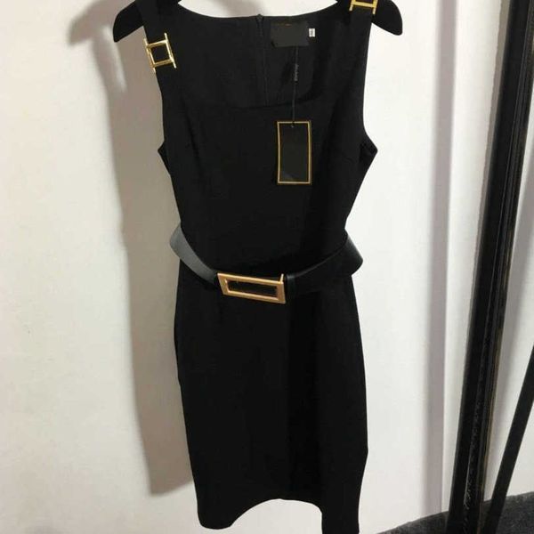 

23ss designer brand european american popular sleeveless vest black dress with belt a1, Black;gray