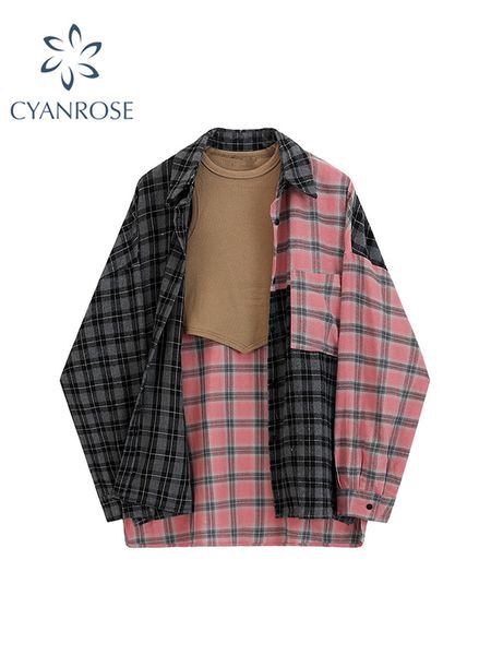 

women's blouses shirts turn-down neck long sleeve patchwork plaid shirts women autumn oversize button up shirt korean fashion casual ou, White