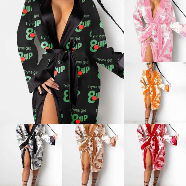 

2023 wholesale designer womens dresses sleepwear casual pajamas dress fashion lingeries robes satin us dollar print lace up medium length ni, Black;gray