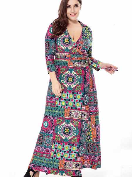 

plus size dresses floral print turndown neck cardigan wrap maxi women belt a line casual ladies size boho outfits gown vestidos 230307, Black