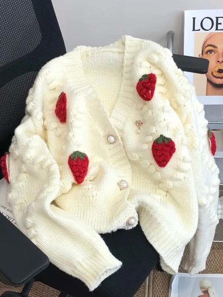 

women's knits tees zoki fashion 3d strawberry women cardigan winter elegant pearl button casual v neck ladies knitted sweater long slee, White