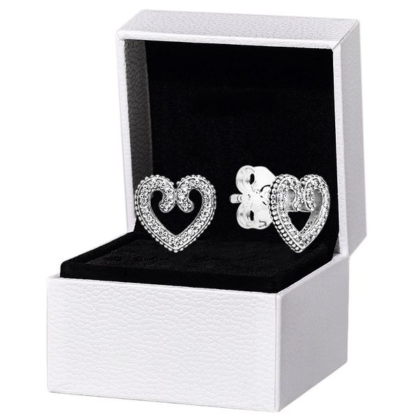 

heart swirl stud earrings real sterling silver for pandora cz diamond wedding designer jewelry for women girlfriend gift love earring with o, Golden;silver