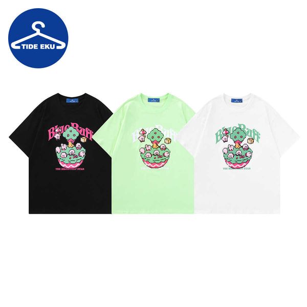 

tideeku printed t-shirt men's fashion label star kabi printed round-neck cartoon short-sleeved loose couple's half sleeve, Black;white