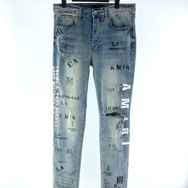 

jeans men pants ammir fashion brand printing graffiti holes worn elastic slim fit light blue designer niche ins celebrity casual leisure