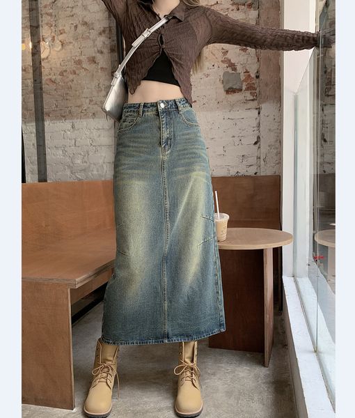 

skirts y2k denim skirts for women korean fashion high waist mid length retro blue split hip skirt street party women clothing 230308, Black