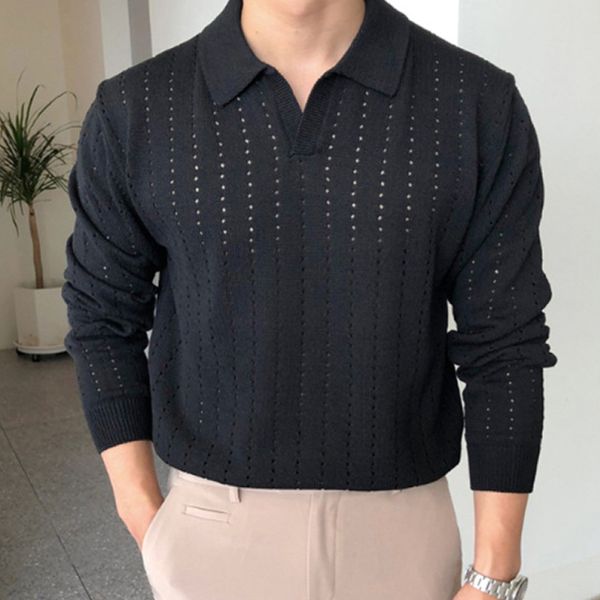 

men's polos casual solid knit polo shirt men autumn fashion turn-down collar long sleeve pullovers for mens clothes slim knitting polo, White;black