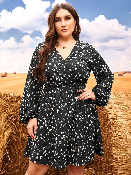 

plus size dresses fashion print lantern long sleeve v neck size black loose casual party club midi autumn women clothing 230307
