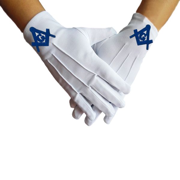 

square compass white polyester masonic gloves, embroidered, Blue;gray