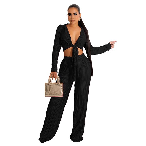 

women two piece pants pleated outfits casual long sleeve lace up shirt sets wide leg pants suit, White