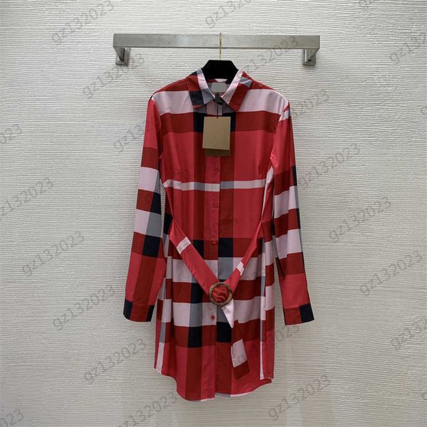 

luxury dress classic plaid print lapel button-down shirt dresses belt slim long sleeves loose casual joker maxiskit women dresses fashion, Black;gray