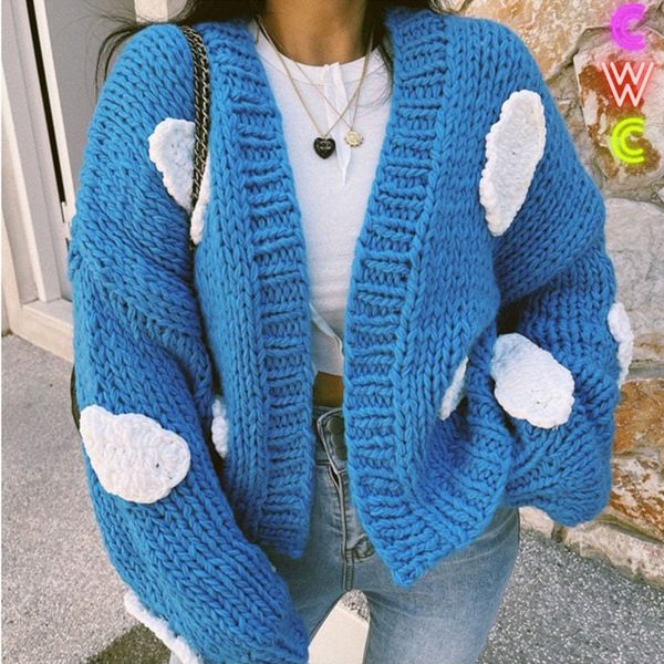 

women's knits tee clouds y knit cardigan long sleeve drop shoulder openfront crop cardi y2k soft girl aesthetic clothing 230308, White