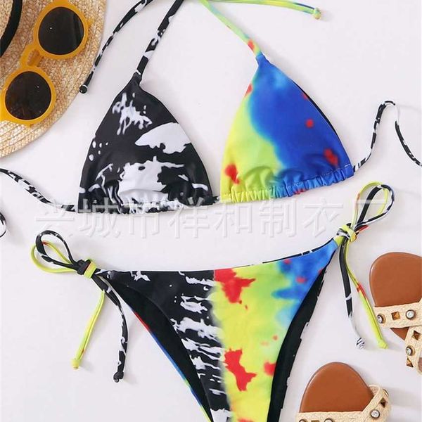 

color-blocking irregular tie-dyeing design bikini swimsuit, White;black