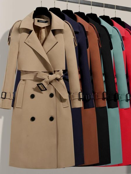 

women's wool blends woman trench coat loose long sleeves fashion windbreaker casual belt double breasted spring 230308, Black