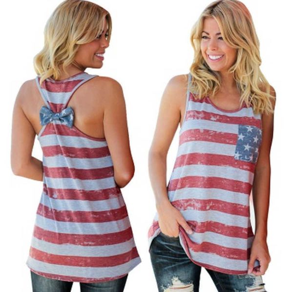

2023 new fashion summer sleeveless tank t shirt women american independence day national flag digital print back bowknot vest, White