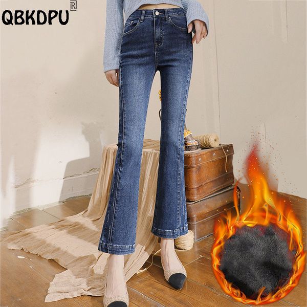 

women's jeans autumn winter women warm jeans flare pants korean fashion thick plus velvet slim vaqueros bleached high waist bell-bottom, Blue