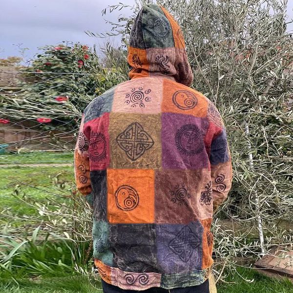 

men s jackets fashion men print pattern zipper hooded jacket vintage casual slim all match outwear autumn winter long sleeve pocket coats 23, Black;brown