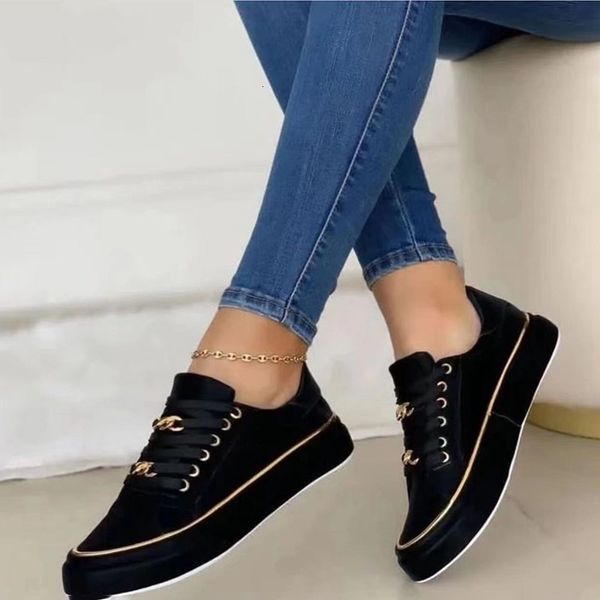 

slippers 2023 women sneakers fashion chain leather round head platform sports shoes lace up walking ladies vulcanize zapatos mujer 230307, Black