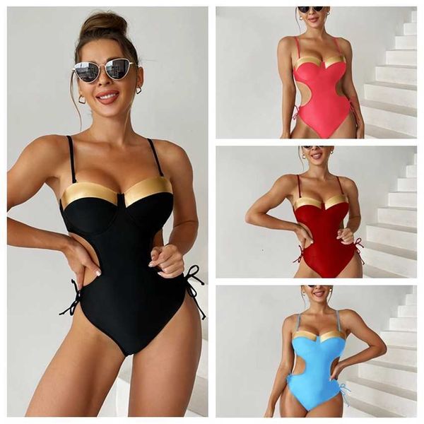 

2023 new bikini solid gold stamping one piece high waist women's swimsuit, White;black