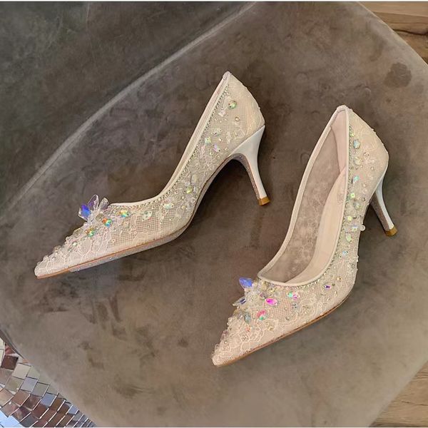 

caovilla stiletto rene dress shoes crystal mesh lace sandals designer fashion women pointed toe wedding shoes 7.5cm high heels casual 1iml, Black