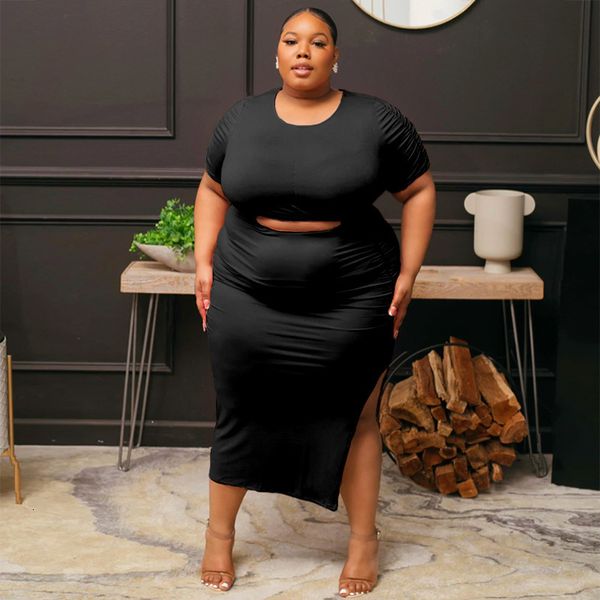

plus size dresses summer size elegant lace up pleated slit women s solid color tight hollow fashion suit skirt suitable for casual home 2303, Black
