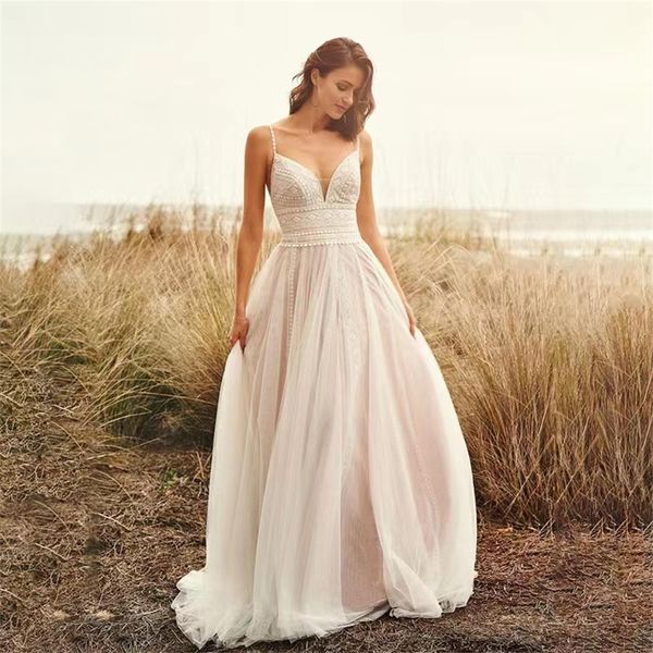 

new wedding dress bohemian deep v halte with lace fn10125, White