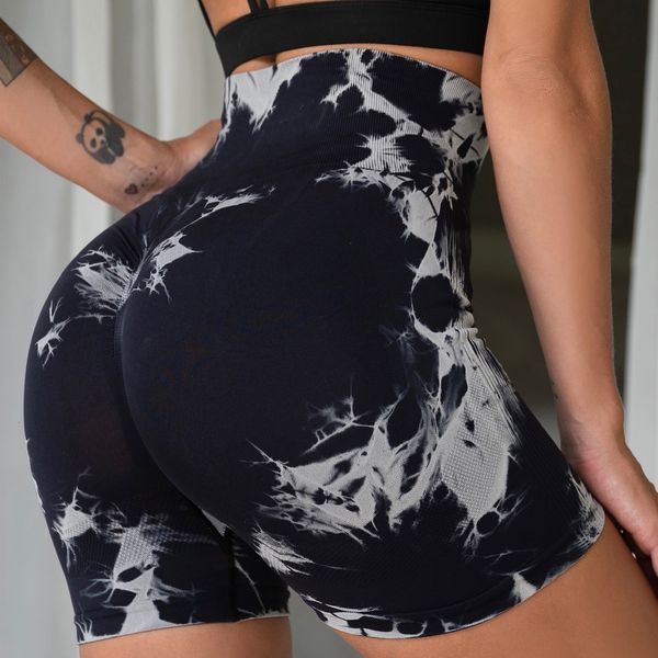 

women's shorts tiedye seamless fitness pant's high waist hip lift sports tight running peach gym yoga biker 230308, White;black
