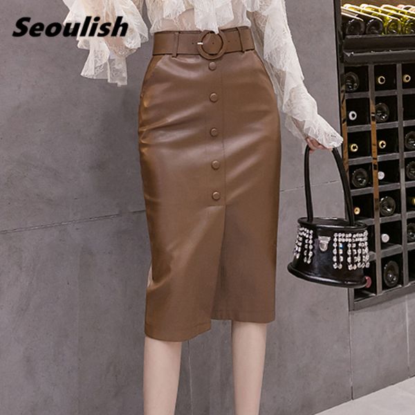 

skirts seoulish autumn winter faux pu leather women's wrap skirts with belted high waist black office wrap pencil skirts 230308