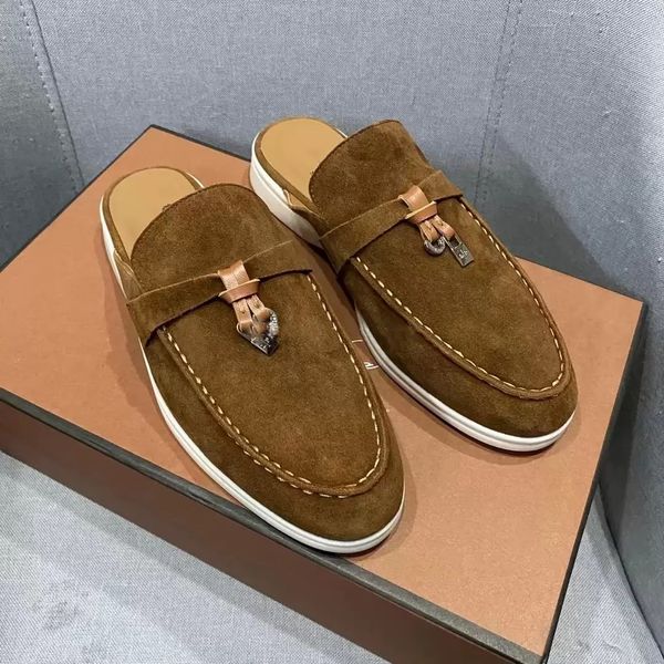 

famous brands loross shoes charms embellished walk suede half tow loafers couple genuine leather casual slip on flats for women men sports d, Black
