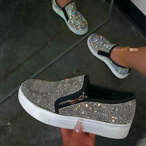 

dress shoes woman sneakers platform vulcanized women bling crystal loafers autumn women's casual flats female zip sport shoes big size, Black