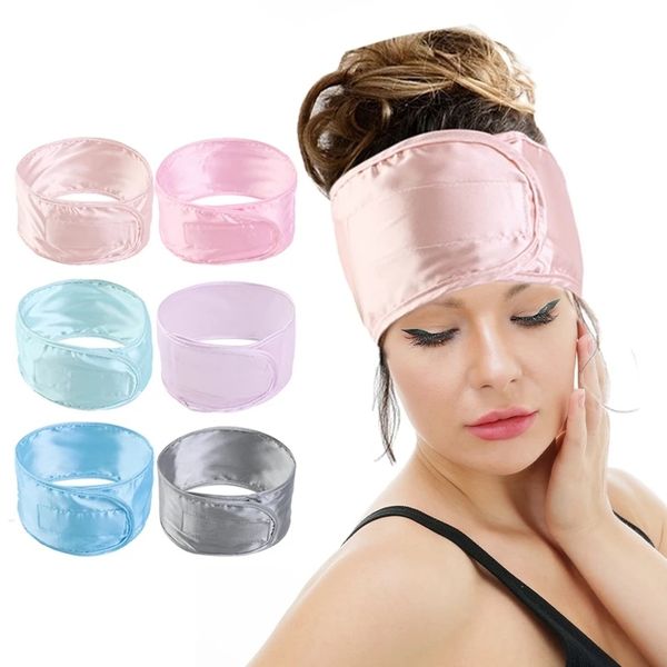 

women silky satin adjustable spa facial headband bath makeup hair band headbands for face washing soft toweling hair accessories, Silver