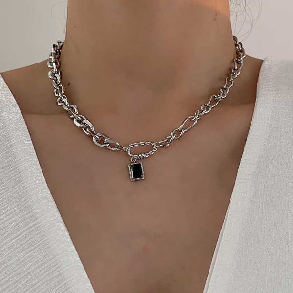 

pendant necklaces 2022 hip hop black geometric square rhinestone pendant necklaces for women punk rock men cool silver color chains necklace