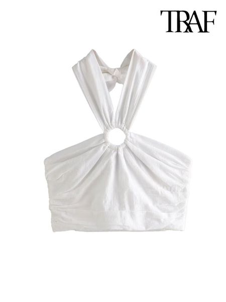 

women s tanks camis traf women fashion with ring halterneck tank vintage backless elastic bow tied straps female mujer 230308, White