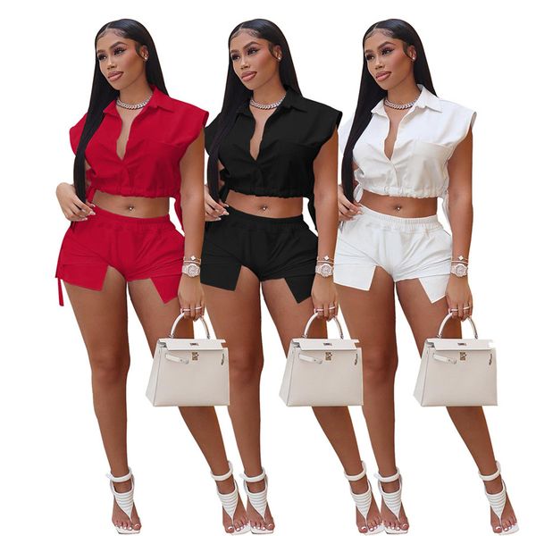 

designer tracksuits bulk wholesale fashion office shorts two piece set sleeveless zip-up crop and pocket short pants streetwear outfits 9421, Gray