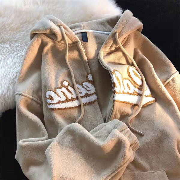 

men's hoodies sweatshirts letter embroidery winter casual oversized polar fleece hooded sweatshirt female vintage zipper streetwear 230, Black