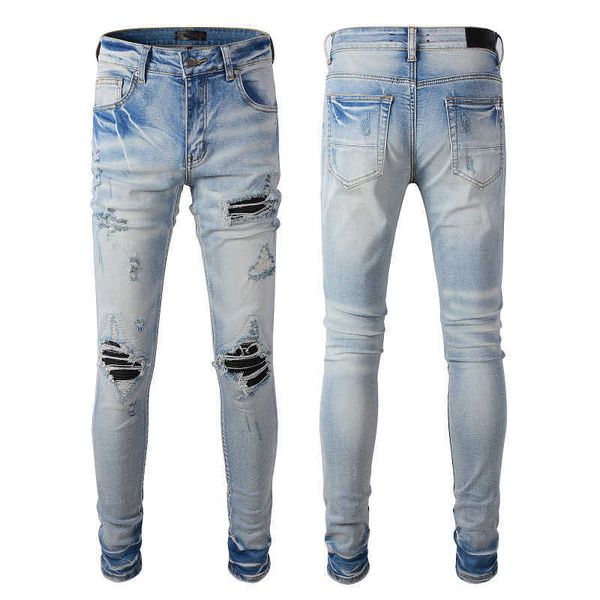 

desinger brand tshirts trendy men's hole patch jeans trendy slim fit leggings {category}, Blue