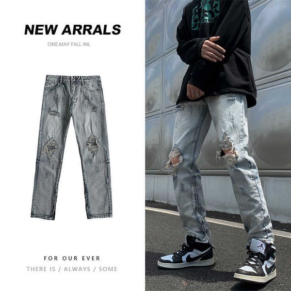 

men's pants washed broken men's jeans fashion streetwear loose straight denim pants for male hip hop baggy ins male trousers z0306, Black
