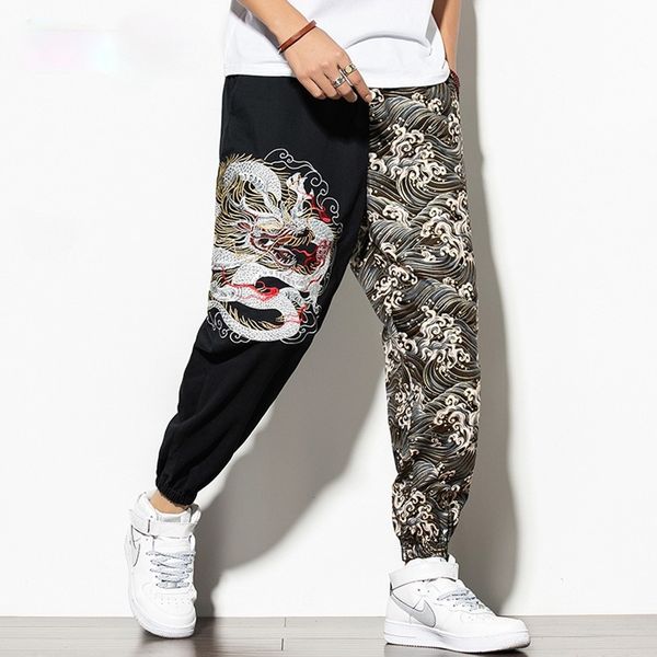 

men's pants dragon embroidery harem men joggers korean streetwear casual hip hop 230307, Black