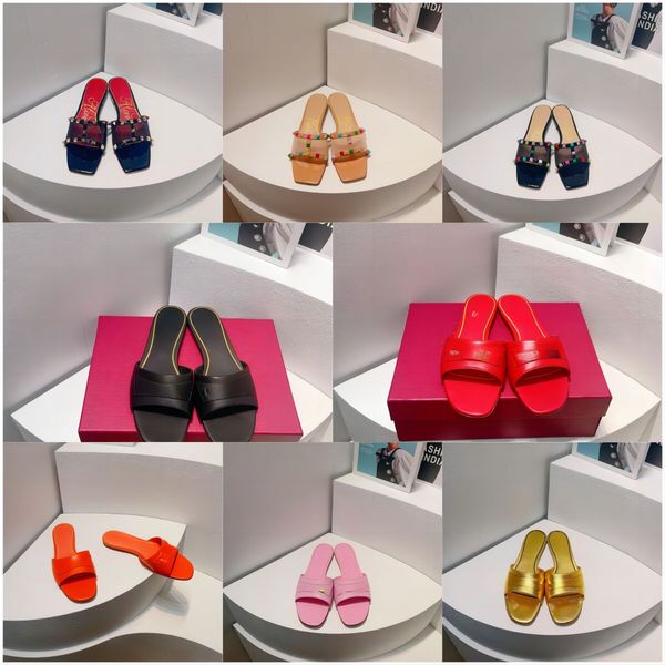 

sandals fashion women rivets valentinos slippers ladies flat jelly candy color slippers thong sandals girls flip flops studded summer shoes, Black